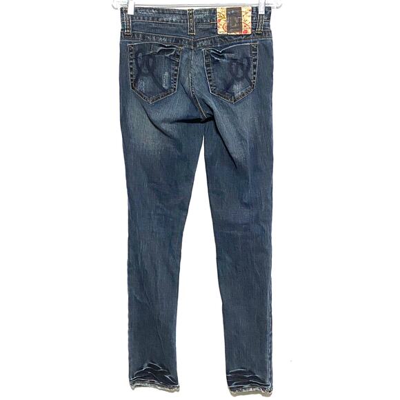 Marlow Jeans Distressed M Logo Back Pockets Stretch Blue Denim Womens 28 - Picture 2 of 9